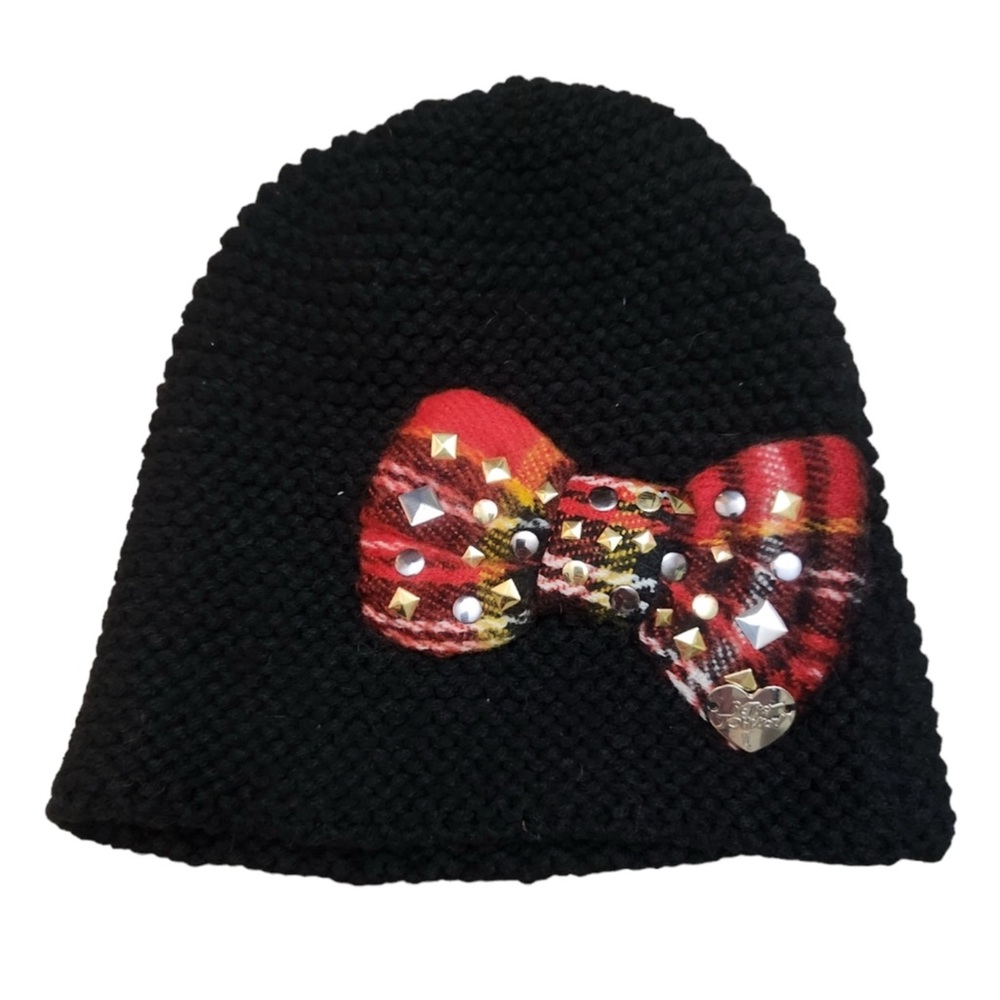 Betsey Johnson Black beanie with red plaid studded bow one size NWOT